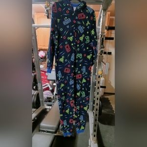 Cat & Jack Boys' XL(16) Navy Blue Zip-up Gamer Fleece Onesie Hooded Pajamas